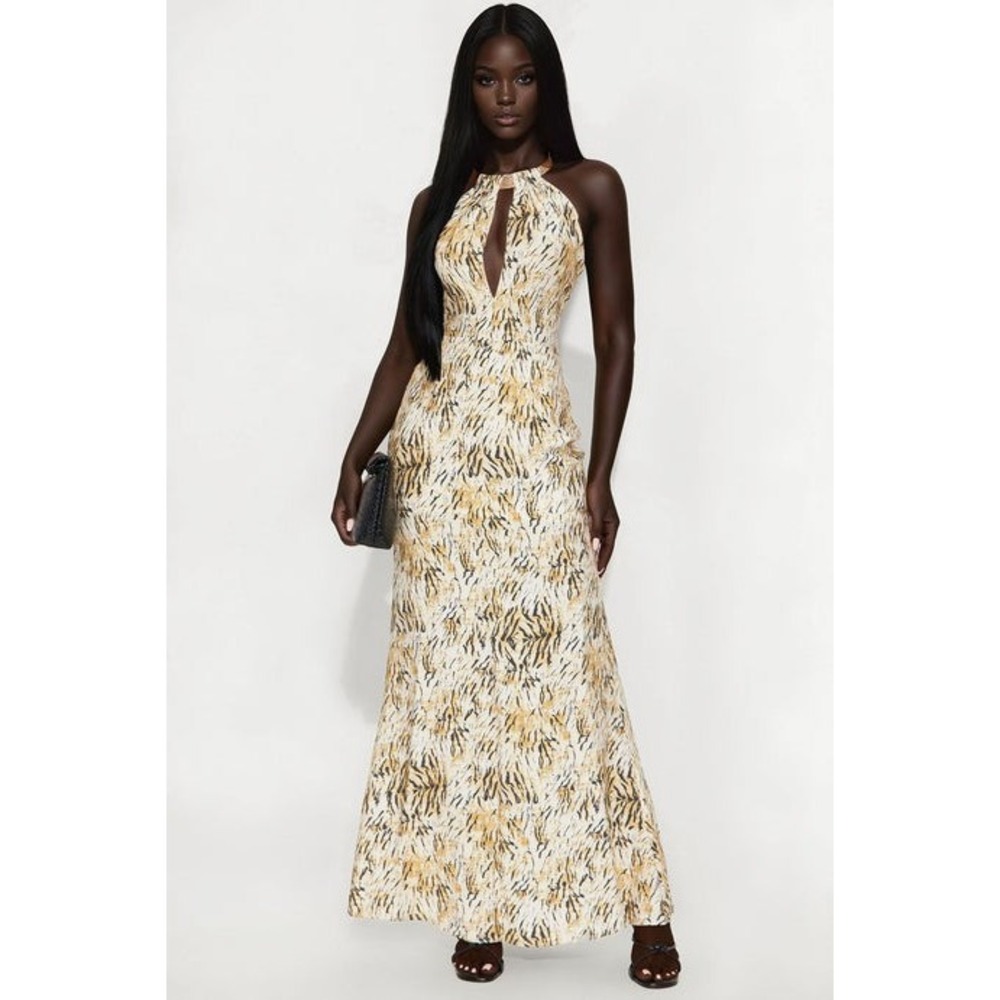 NWT Fashion Nova Golden Girl Animal‎ Print Maxi Dress Ivory Gold Chain Halter XS